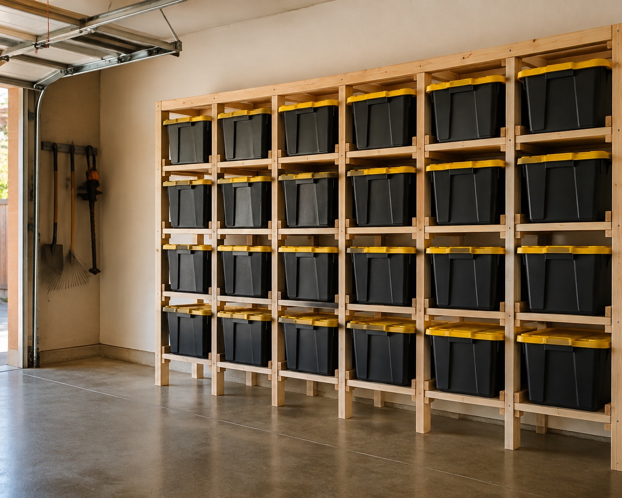 Illustrative rendering of a stationary wooden rack holding rows of black and yellow 27-gallon totes above a clear garage floor
