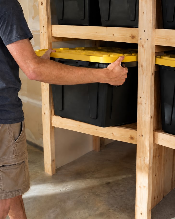 Illustrative rendering of a person gripping one 27-gallon tote with two hands above the fixed wooden crossbeam joining the rack posts